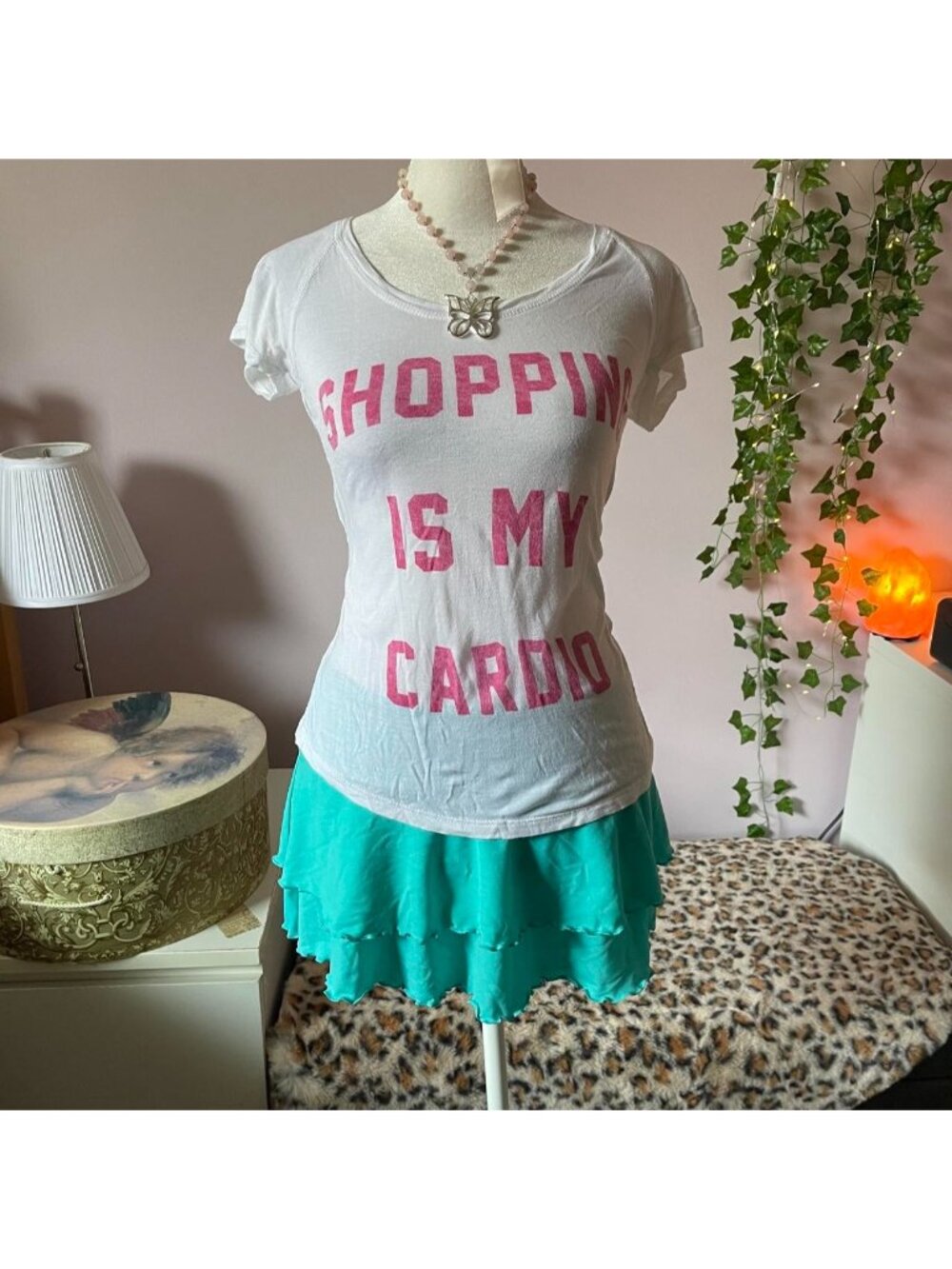 2000s “Shopping is my cardio" baby tee with pink text